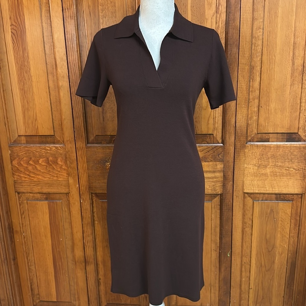LOFT Brown Petite Collared Split Neck Polo Collar Bodycon Dress XSP EUC - Picture 5 of 10